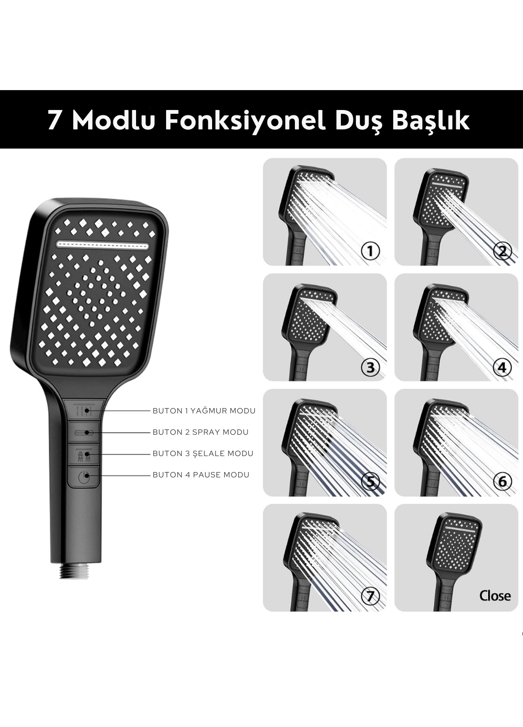 Siyah 7 Modlu Kare Yeni Nesil Duş Başlık