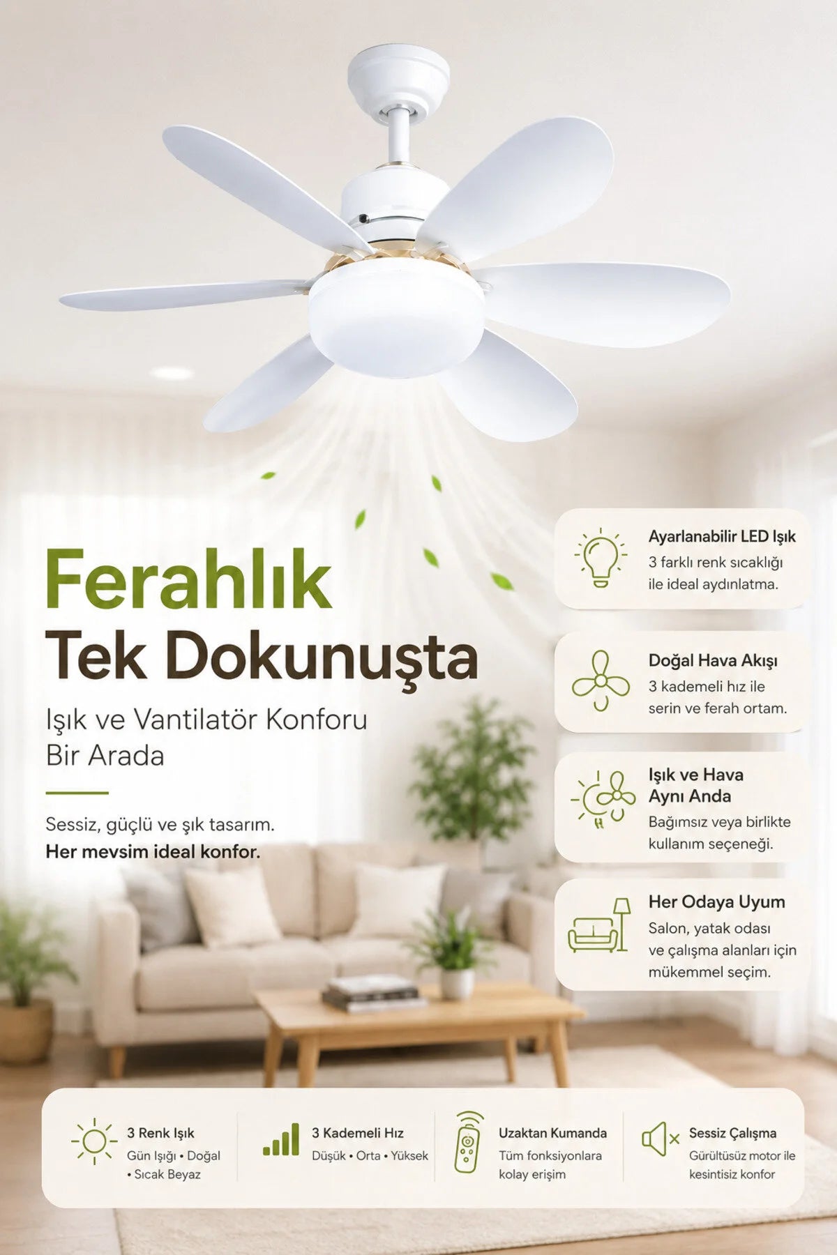 6 Kanatlı, Işıklı Sessiz Çalışma Tavan Tip Vantilatör