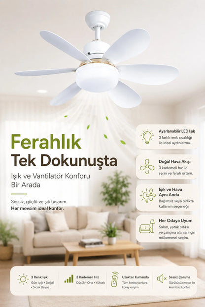 6 Kanatlı, Işıklı Sessiz Çalışma Tavan Tip Vantilatör