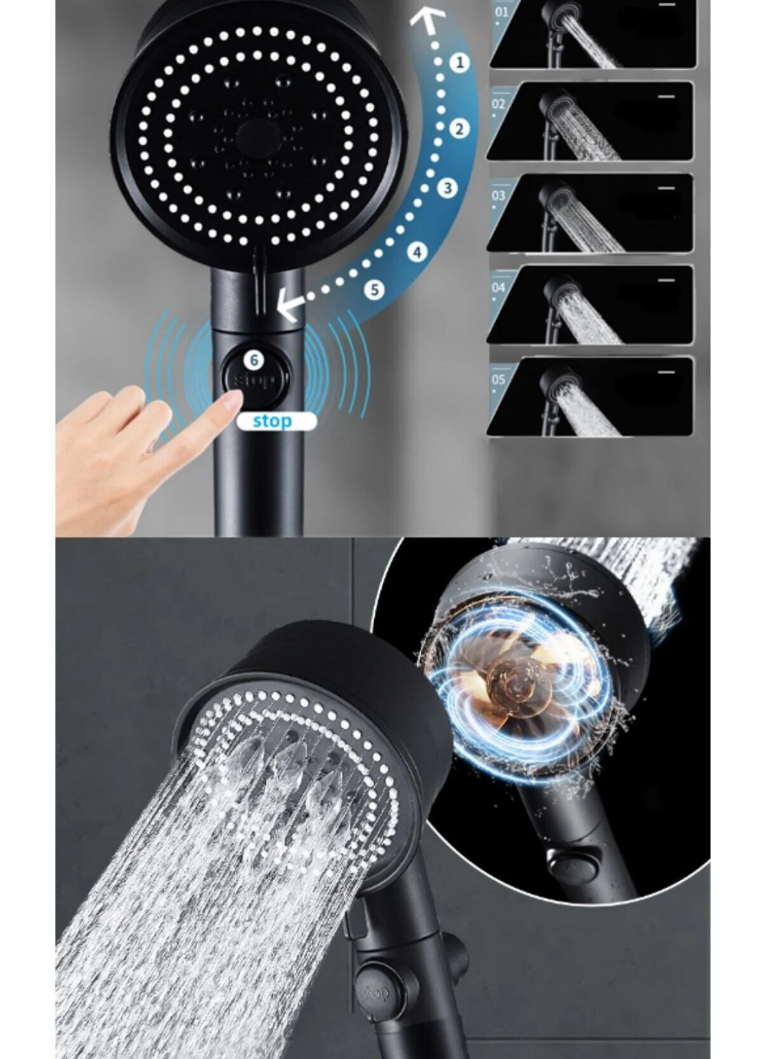 Turbo Pervaneli 5 Fonksiyonlu Duş Başlığı