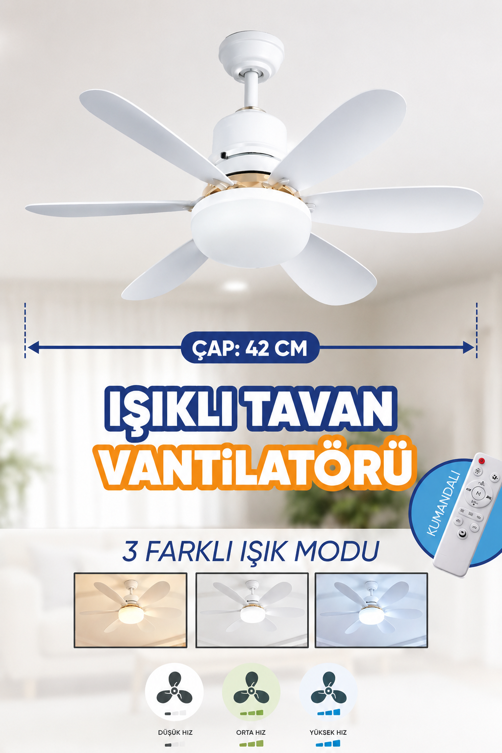 6 Kanatlı, Işıklı Sessiz Çalışma Tavan Tip Vantilatör