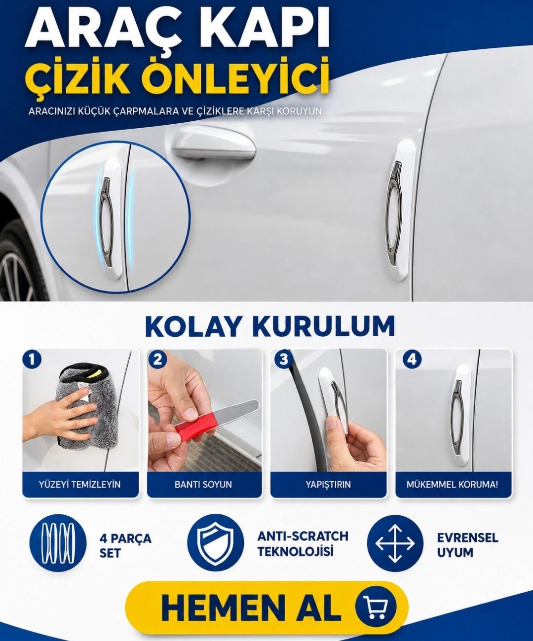4 Parça Kapı Çizik Önleyici  Koruma Beyaz